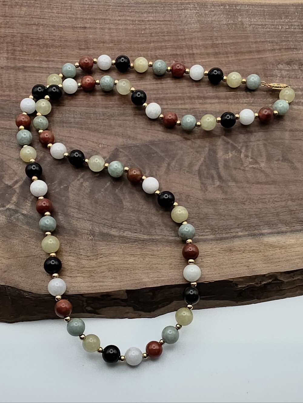 Vintage 14k Gold Multicolor 28" 8mm Beaded Jadeite Onyx Necklace Chinese Insp